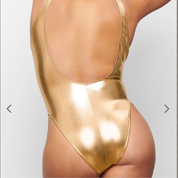 SKIMS Metallic Gold High Cut One Piece Swimsuit NWT - Picture 3 of 6